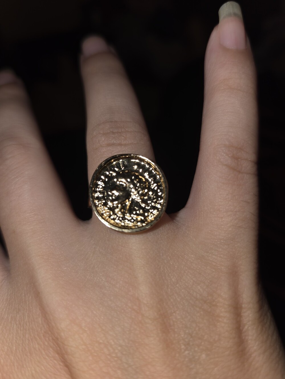 Gold Tone Ancient Coin Medallion Statement Ring Size 6–6.5